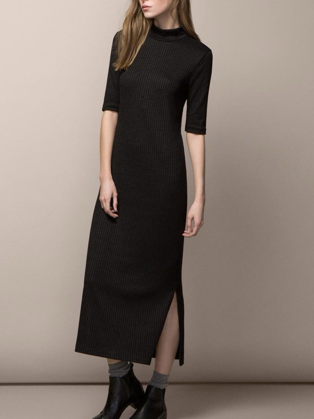 Massimo Dutti Black Ribbed 1/2 Sleeve Midi Dress